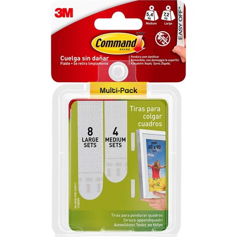 Command Strisce Appendi Quadri Adesive, Bianche - 4 Coppie di Strisce Medie (M), 8 Grandi (L) - ottimale per Appendere Quadri, Cornici e Specchi al Muro senza Chiodi, Tenuta: 7,2 kg (1/5)