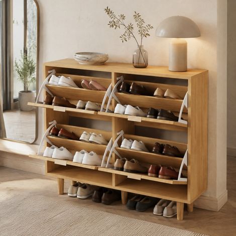 Zapatero con 4 abatibles, decorado en madera roble y ratán, 100 x 25 x 90 cm DESVIAE (1/5)