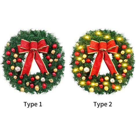 Couronne De Noel Artificielle 40 Cm Avec Nœud Et Boules, Guirlande Festive Pour Porte D'Entrée Mur Decoration Fete -KZQ (1/2)