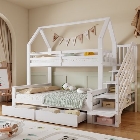 Lit superposé enfant 90x200/140x200 cm en pin, MDF et contreplaqué, blanc, avec toit décoratif, escalier-rangement et 2 tiroirs (1/5)