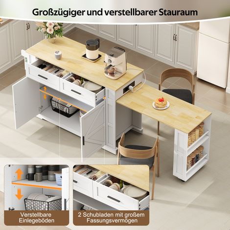 Îlot de cuisine extensible avec plan de travail, desserte roulante 120x50x93cm, prises intégrées, 2 tiroirs, armoire à 2 portes, rayon ajustable, porte-serviettes, 7 roues, blanc chêne (1/5)