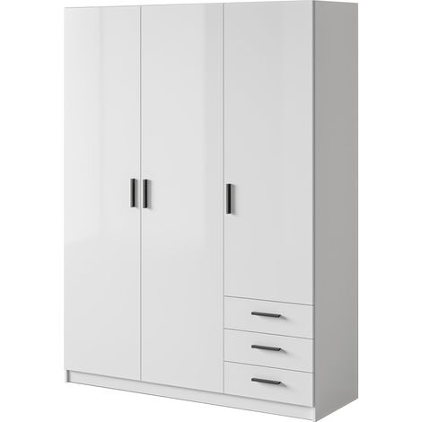 Armadio Con 3 Ante R 3 Cassetti Barra Appendiabiti E 4 Ripiani Di Cui 2 Regolabili Design Moderno Capiente Camera da Letto Lavanderia Ingresso 147 x 49.8 x 200.4 Cm Bianco
