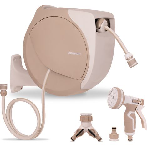 VONROC Dévidoir mural automatique – tuyau 20 m, pistolet 8 jets et raccords – beige (1/5)