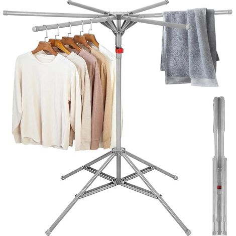 Séchoir à Linge Tour Pliable avec 6 Bras Extensibles,Hauteur Réglable 120-170 cm,Stable et Gain de Place pour Balcon, Intérieur, Extérieur (Gris)