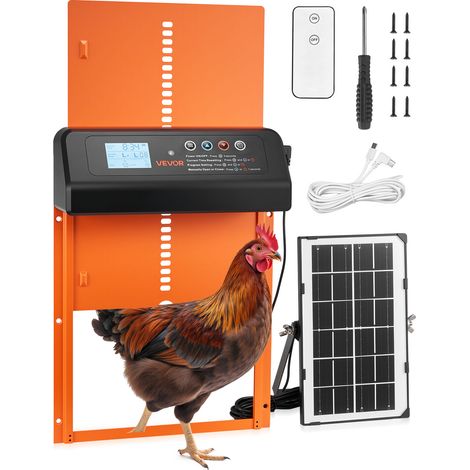 VEVOR Hühnerklappe Solar- & Batteriebetrieben, Hühnertür mit LCD-Display, Fernbedienung, Lichtsensor & Timer, Einklemmschutz, Hühnerstalltür aus Aluminiumlegierung, 350x250x73 mm, Orange (1/5)