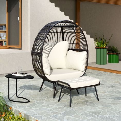 Chaise Œuf avec Ottoman Ensemble de Salon en Osier 2 Pièces pour Patio avec Coussins Doux Cadre Métallique Robuste & Repose-Pieds Blanc (1/3)