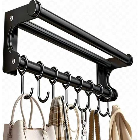 Étagère murale de rangement de cuisine avec crochets et barres de suspension, noire, 40 cm (8 crochets inclus), facile à nettoyer et gain de place.