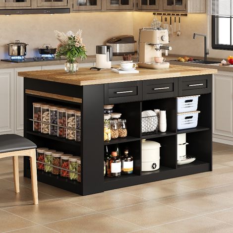 Îlot de cuisine avec table escamotable intégrée, rangement double face et design noir (1/5)