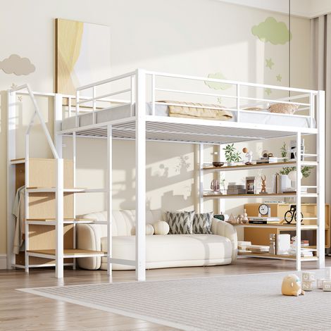 Lit mezzanine, avec étagères, blanc, 140 x 200 cm, pour maison et usage quotidien, armoire, rangements, haute clôture, escaliers sécurité