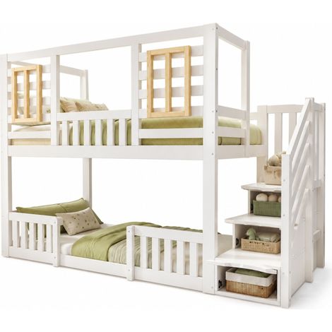Lit superposé 90x200 cm blanc style cabane avec escalier-rangement, 2 couchages, sécurité EN 747, sans matelas - CHICFURN (1/5)