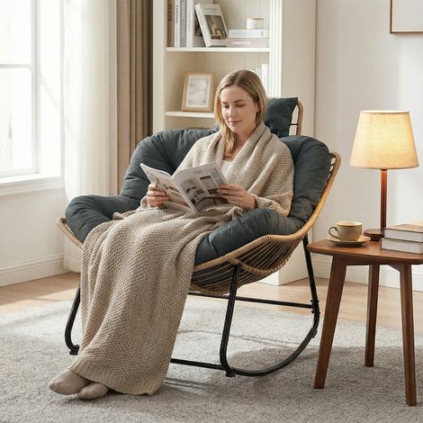 Fauteuil à bascule œuf - Fauteuil de jardin intérieur extérieur - Structure acier - Rotin PVC - Fauteuil relax - Gris foncé