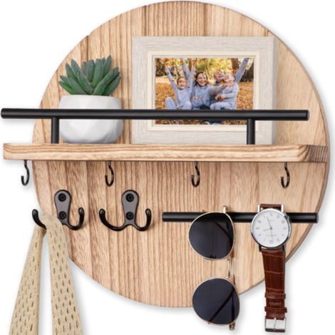 Porte-clés mural rond en bois avec rangement, idéal pour l'entrée, le couloir ou la cuisine (marron). (1/5)