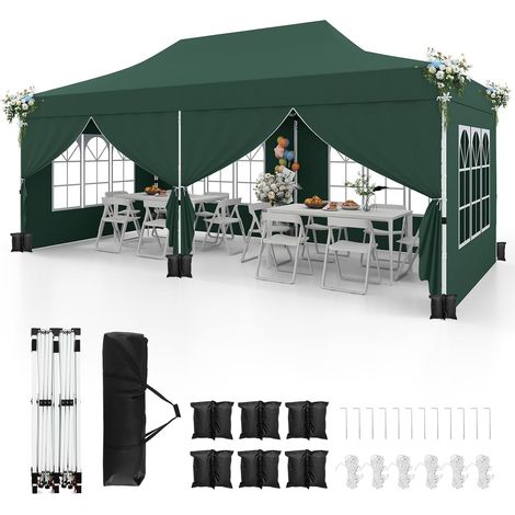 GOPLUS 3x6M Tonnelle Jardin Pliable, Hauteur Réglable, Entrées Zippées, Fenêtres, Sac de Transport, Sac Lesté Pavillon Portable Instantanée Pop-Up pour Fête,Mariage (Vert6 Bâche, 3x6M) (1/5)