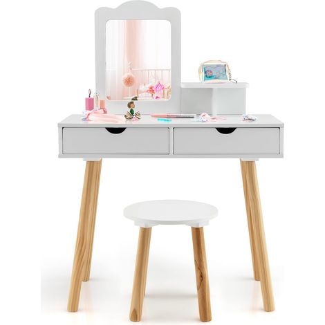 Coiffeuse 2 en 1 pour Enfants - Bureau et Tabouret avec Miroir Amovible, 2 tiroirs, Peigne, Commode en Bois pour Filles âgées de 3 à 7 Ans (1/5)