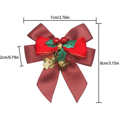 Nœud décoratif Noël couleur marron‑rouge 7×8 cm, houx vert, perles rouges et clochettes dorées