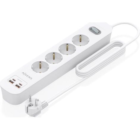 AISENS - ASPS-2A2C12-W - REGLETA DE ENCHUFES MULTIFUNCION con 4 Tomas + Cargador PD3.0 20W 2xUSB-C, 2xUSB-A, 1.4M, Blanco