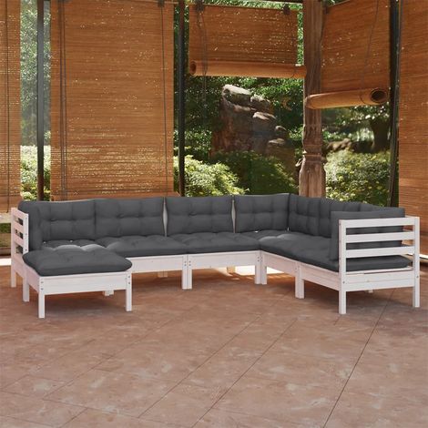 7-tlg. Garten-Lounge-Set mit Kissen Weiß Kiefer Massivholz (1/5)