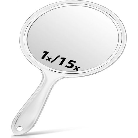 1 Espejo de mano de doble cara, aumento de 15X, acrílico transparente, 4,5 x 8,3 pulgadas, con asa y orificio para colgar. (1/5)