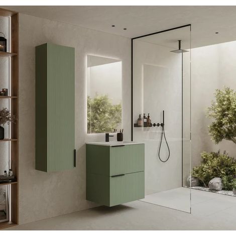 Mobile bagno sospeso cannettato 60 cm verde salvia 2 cassetti con lavabo in ceramica Fuji (1/3)