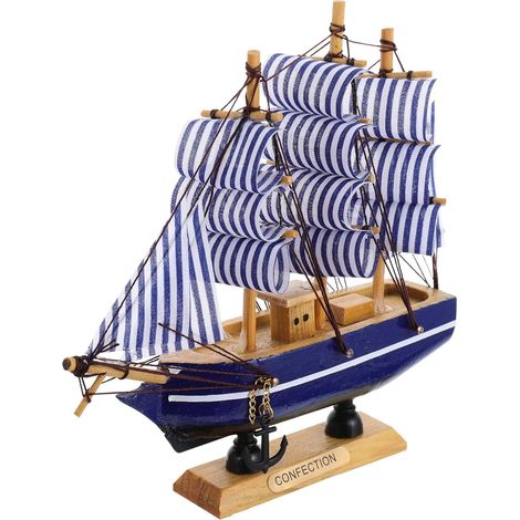Modèle de voilier en bois Bureau miniature Vintage bateau nautique artisanat décoration (bleu foncé) (1/5)