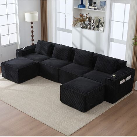 Sofá modular 330x162x75 cm negro en pana con 2 pufs, portavasos y bolsillos laterales (1/5)