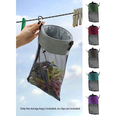 Sac à pinces à linge en maille avec crochet, pour suspendre les vêtements : fermeture à cordon, large ouverture, compatible avec pinces pour corde à linge. Sac de rangement suspendu en toile (1/4)