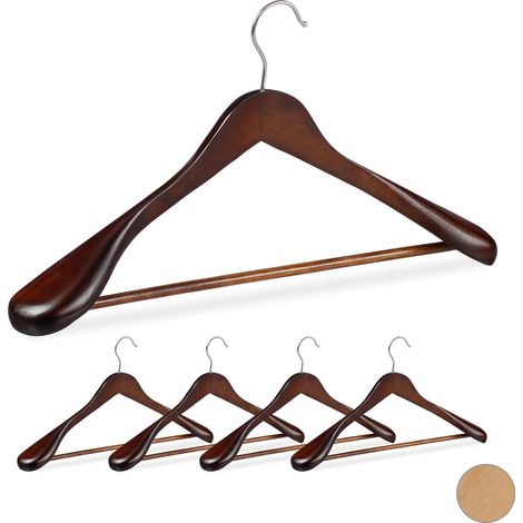 Relaxdays Suit Hangers Set of 5, Wide Shoulders, 360° Swivel Hooks, Pants Rail, Wooden Coat Hangers, Brown (1/5)