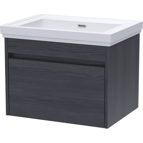 Swainsley Contemporary Wall Hung 1 Drawer Vanity Unit with Traditional 0 Tap Hole Fireclay Basin, 600mm, Graphite Grey Woodgrain
