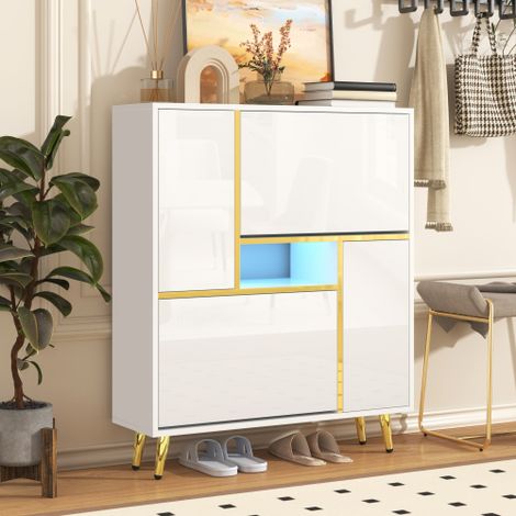Meuble à chaussures moderne, meuble à chaussures blanc avec façade brillante et éclairage LED 16 couleurs (80 x 25 x 96 cm) (1/5)