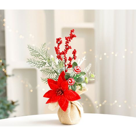Ornement De Noël - Poinsettia Artificielle - Baies Rouges Et Pommes De Pin - Décoration Pour Arbre, Couronne, Cheminée - 1 Pièce (1/5)