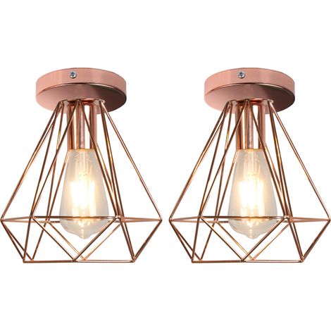 Rétro Plafonnier Cage en Métal E27 Luminaire Vintage Rétro Doré Rose 2PCS (1/5)