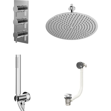 Circo Polished Chrome Concealed Triple Thermostatic Shower Valve with Diverter and 400mm Round Head with 150mm Ceiling Arm and Outlet Holder with Kit and Free-Flow Bath Filler - 3 Outlet (1/5)