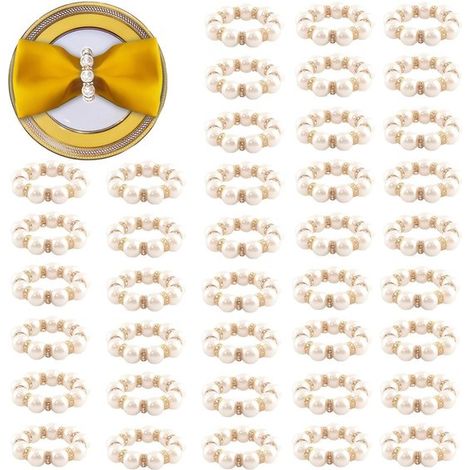40 anelli portatovaglioli monouso dorati, fermatovaglioli con perle artificiali e delicati fermatovaglioli con perle in oro bianco, per la decorazione della tavola. (1/4)