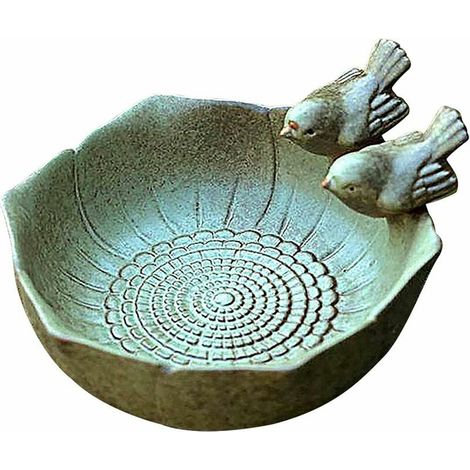Bain d'oiseaux rond en céramique – Abreuvoir décoratif avec 2 oiseaux – 15 x 15 x 7.5 cm – Pour attirer les oiseaux sauvages en extérieur (1/5)