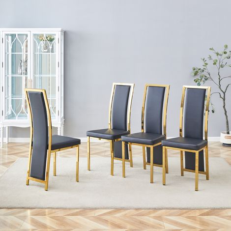 REDOM - Juego de 4 sillas de comedor, respaldo alto, acolchado de 6 cm, PU negro, metal dorado (1/5)