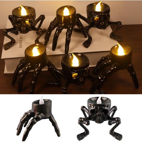 (6 Pièces) Halloween Tête de mort Bougie Lumineuse, LED Bougies Chauffe-Plat Tête de mort sans Flamme, Batterie Lumière de Nuit Main pour Halloween (1/4)