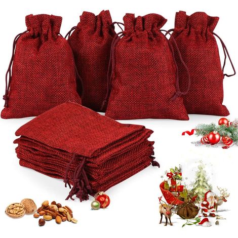 Bolsas de yute para Navidad, 24 unidades. Bolsas de yute para rellenar calendarios de adviento, bolsas naturales, bolsas para calendario de adviento con cordón, 13 cm x 18 cm (rojo). (1/5)