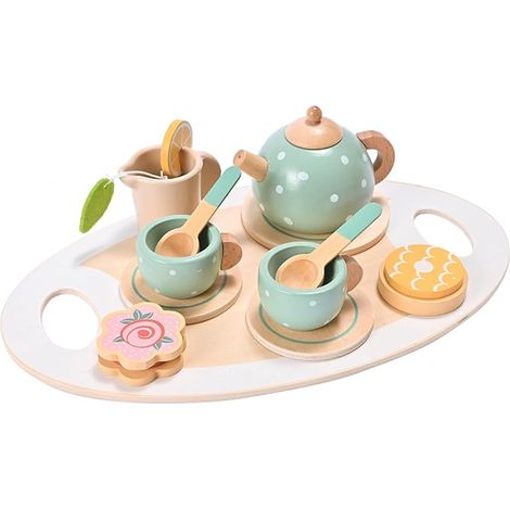 Service à thé en bois JeiibrZui - Couleurs macarons - Coffret de 14 pièces - Jeu de rôle sur le thème du goûter - Pour les tout-petits, les garçons et les filles (1/5)
