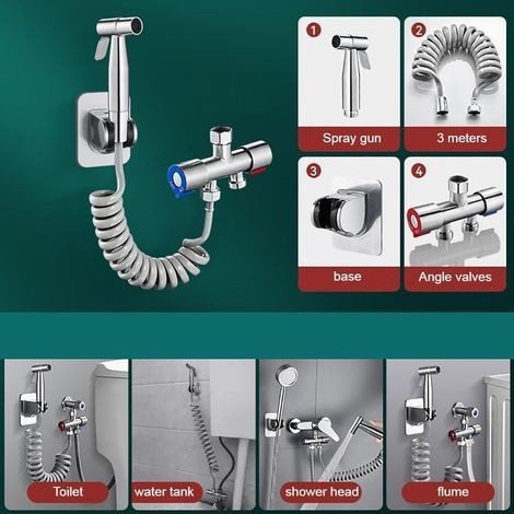 Bidet-Duschset für die Toilette, aus ABS-Gewebe, mit Wasserstrahl und 2 m langem tragbaren Schlauch, doppelt verstellbarem Eckventil, für die Küche, gebürstete Oberfläche. (1/5)