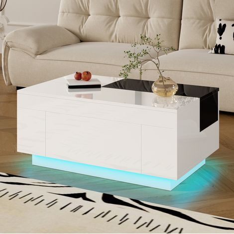 Tavolino da caffè 80x50x35.5 cm nero e bianco in MDF lucido con LED RGB, piano estraibile e cassetto contenitore (1/5)