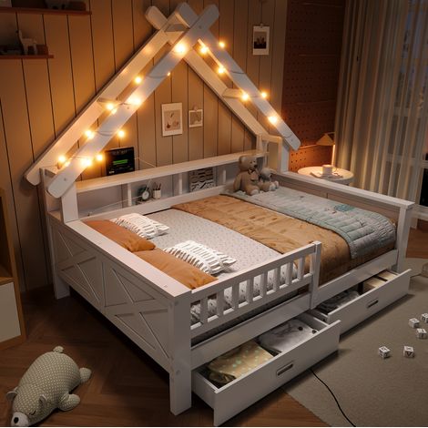 Lit cabane enfant 140x200 cm en MDF et pin blanc, LED, rangement et barrières, avec tiroirs - CHICFURN (1/5)