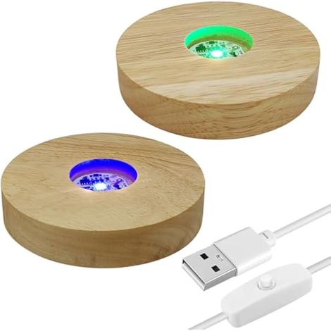 Base Ronde en Bois Clair à LED, Paquet de 2 Bases de Support de lumière Ronde en Bois de 10 cm, Base d'affichage de lumières LED en Bois pour Art en résine de Verre de Cristal 3D (1/5)