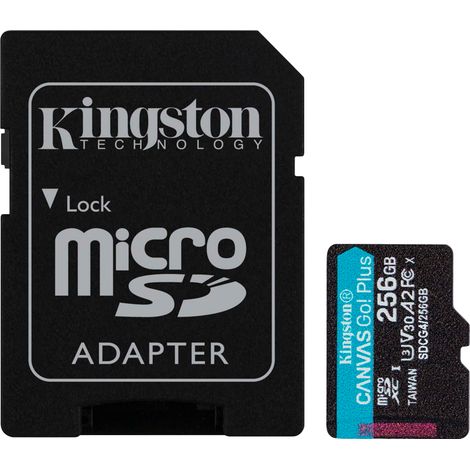 Kingston Technology Tarjeta microSDXC Canvas Go Plus Gen4 de 256 GB, 200 MB/s, A2 U3 V30 y adaptador (1/3)