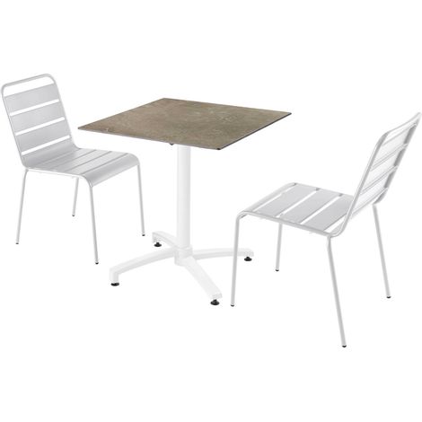 Ensemble table de terrasse stratifié marbre beige et 2 chaises blanc (1/5)