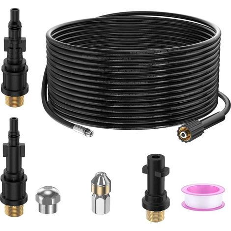15M Tuyau Déboucheur Canalisation pour Nettoyeur Haute Pression Kärcher K2 K3 K4 K5 K6 K7 HD HDs, 180Bar Kit Furet Professional avec Buse à Jet et Rotatif & Adaptateurs pour Lavor Parkside & Bosch (1/5)