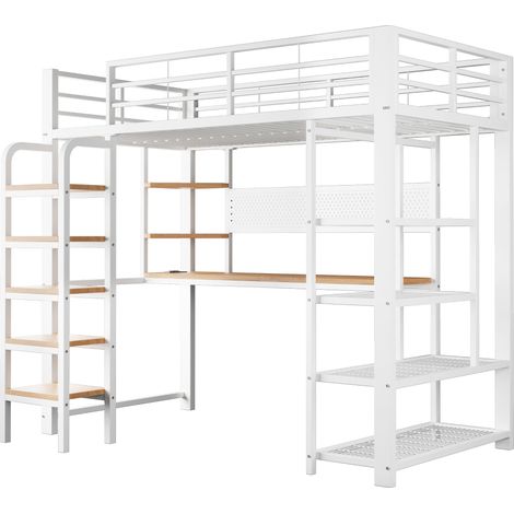 Cama alta metálica 90 x 200 cm blanca con escritorio, LED y enchufes CEE (1/5)