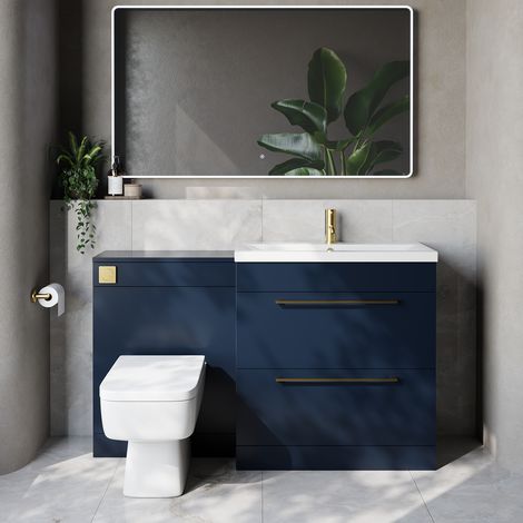 Napoli 390 Cento Deep Blue 1400mm 2 Drawer Vanity Unit Toilet Suite with Glide Basin - 1400mm - Brushed Brass 480mm HandleWith Kingston Toilet Pan and Seat