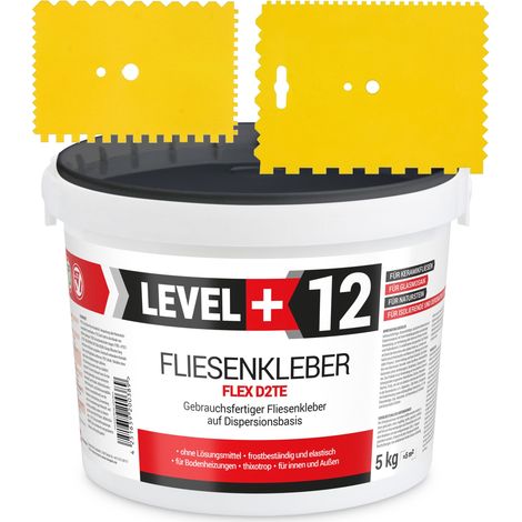 LEVEL+ SET Fliesenkleber Fertig Dispersionkleber L+12 - 5KG + 2St. Zahnspachtel 8x13cm + 13x9cm