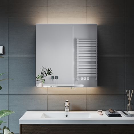 630x650x130mm ELEGANT Illuminated LED Bathroom Mirror Cabinet with Shaver Socket, 3 Lighting Modes Dimmable LED Illumiated + Bluetooth Function, NMC12