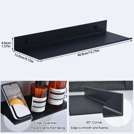 Étagère métallique flottante auto-adhésive (40 cm, noir mat) - Rangement mural sans perçage pour cuisine, salle de bain, chambre ou rangement pour œuvres d'art. (1/5)